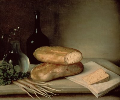 Still Life with Bread, Cheese and a Flagon of Wine by Claude Joseph Fraichot